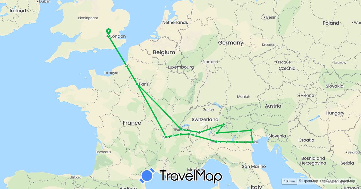 TravelMap itinerary: driving, bus in Switzerland, France, United Kingdom, Italy (Europe)
